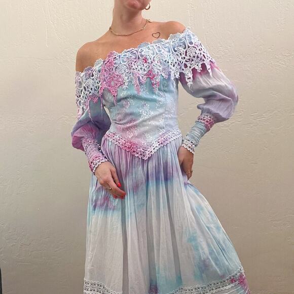 Vintage Dresses & Skirts - Vintage 1980's Jessica McClintock Tie Dye Midi Dress